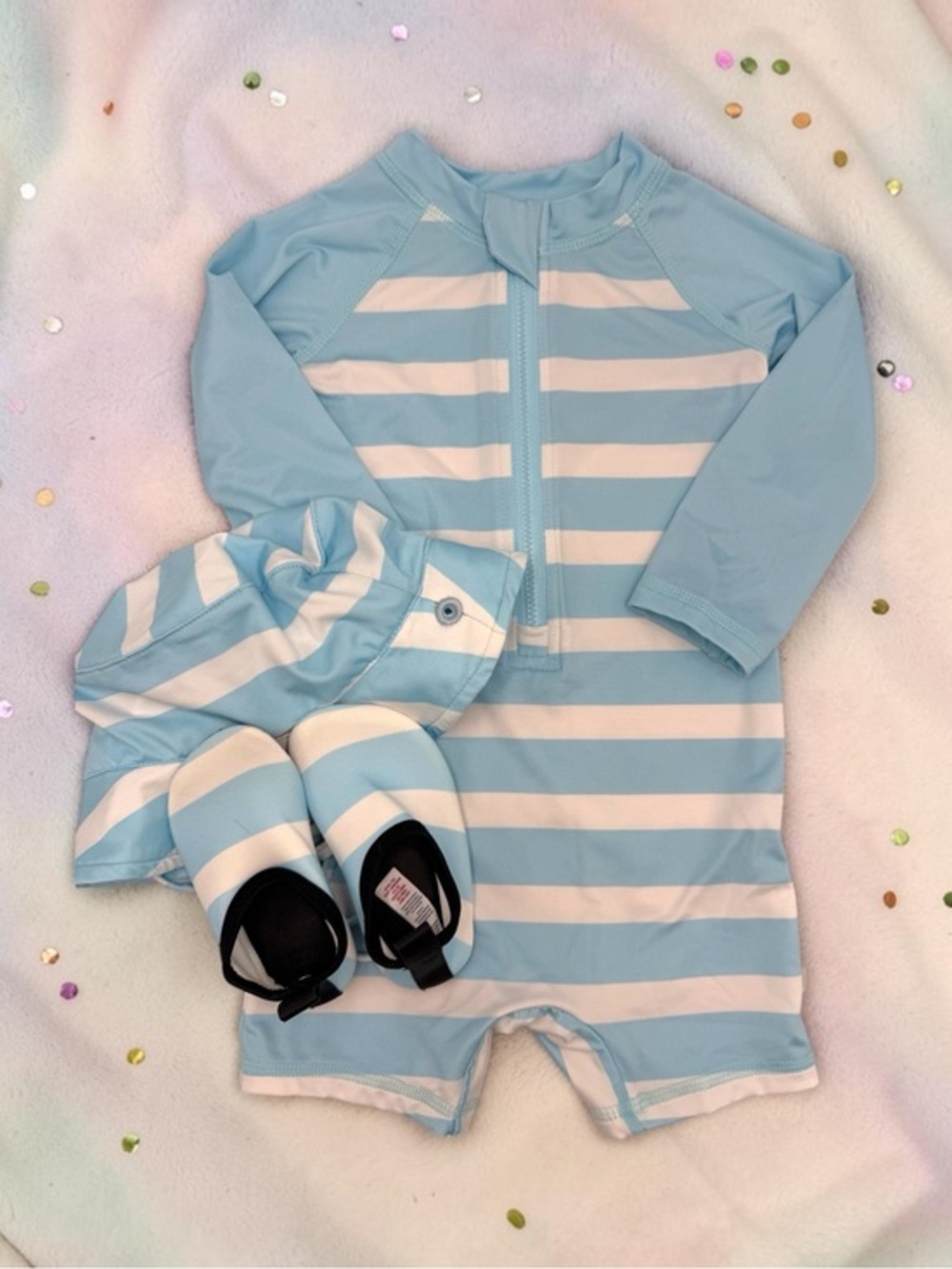 Izod Light Blue and White Rash Guard One-Piece with Hat and Water Shoes 12M